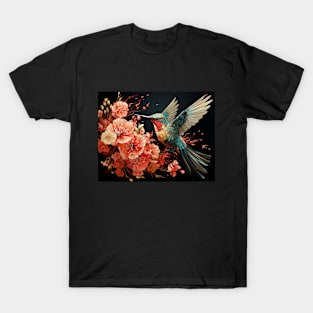 Hummingbird in Flight with Pink Flowers T-Shirt